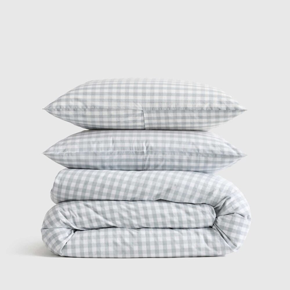 QUINCE Linen Duvet Cover Set Blue Fog Gingham - NWOT